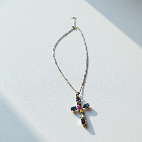 Multicolor Gemstone Cross Pendant Necklace - Picture 4 of 5